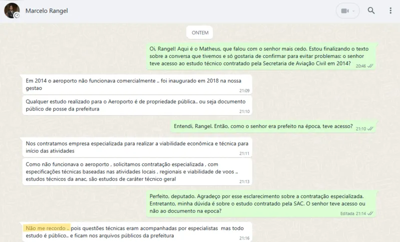 Resposta do ex-prefeito está registrada na conversa pelo WhatsApp