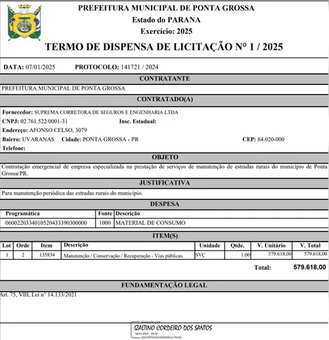 Termo de dispensa de licitação nº. 1/2025 publicado na edição de quinta-feira (9) do Diário Oficial de Ponta Grossa