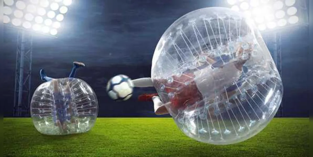 ‘Blindados’ com bolhas infláveis os jogadores tem a oportunidade de girar, pingar e rir além da conta 