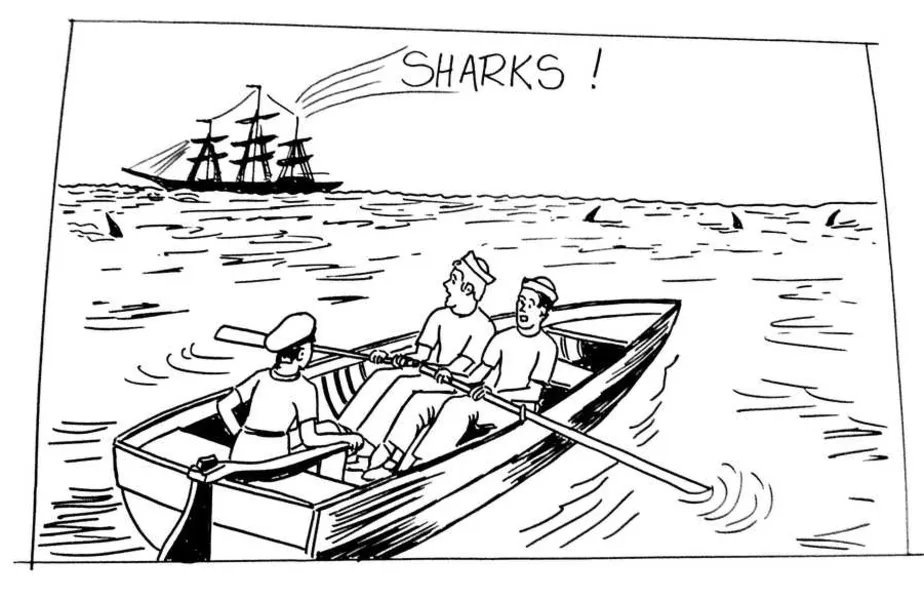 Numa primeira cena marujos que desceram ao mar, são rodeados por tubarões