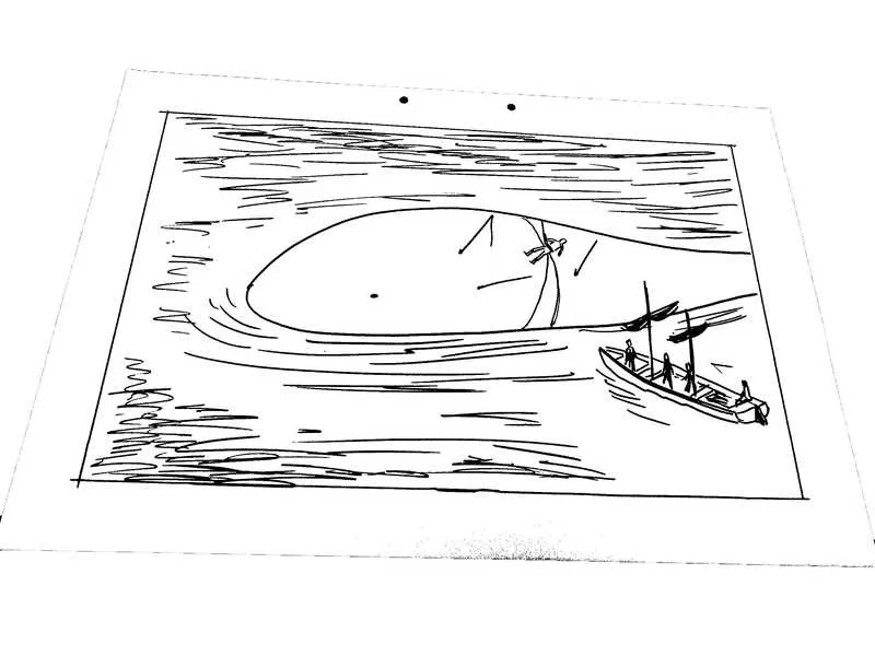 Nesta segunda cena mostrada em desenho Capitão Ahab está sobre a baleia enrolado nas cordas próximo aos arpões que atingiram mas que nada ocasionaram a vida da famosa “Baleia Branca”. No Cinema é uma cena emocionante