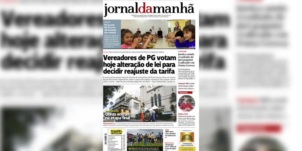 Imagem ilustrativa da imagem Capa da edição desta quarta-feira (13/03/2019) do JM