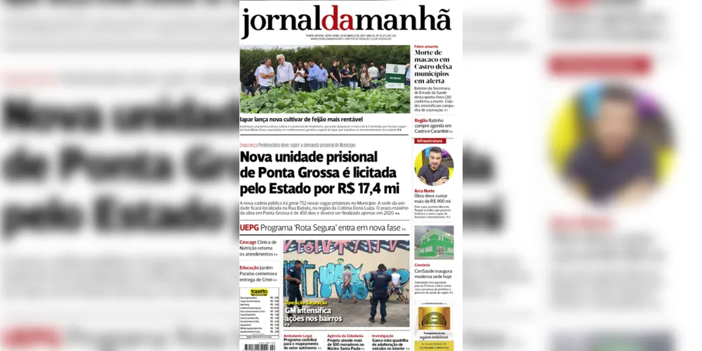 Imagem ilustrativa da imagem Capa da edição desta terça-feira (29/03/2019) do JM