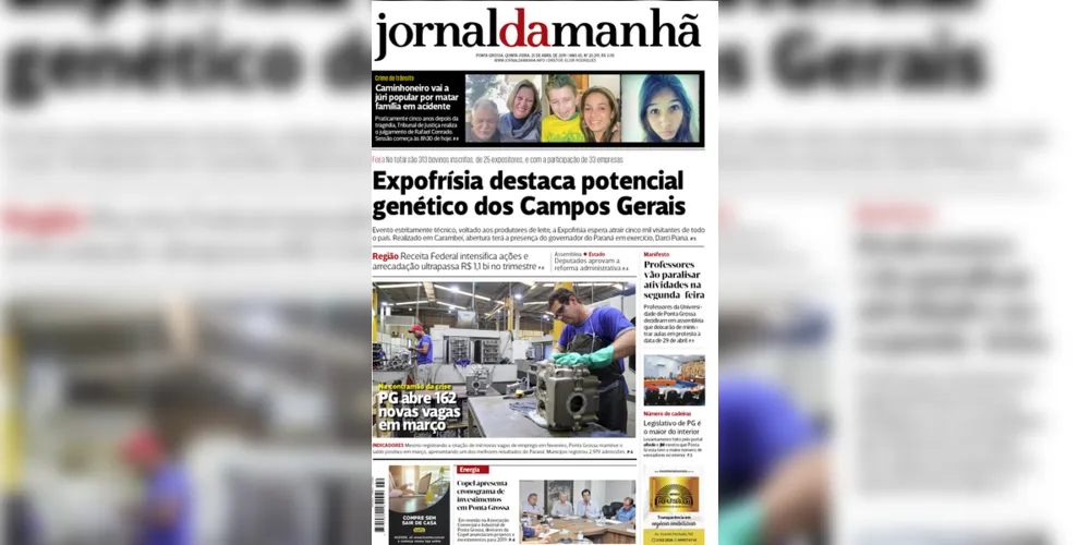 Imagem ilustrativa da imagem Capa da edição desta quinta-feira (25/04/2019) do JM
