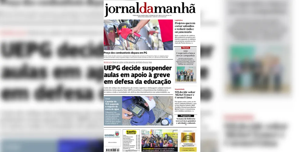 Imagem ilustrativa da imagem Capa da edição desta quarta-feira (15/05/2019) do JM