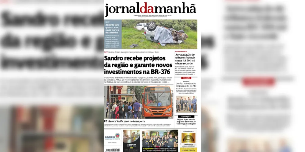 Imagem ilustrativa da imagem Capa da edição desta sexta-feira (24/05/2019) do JM