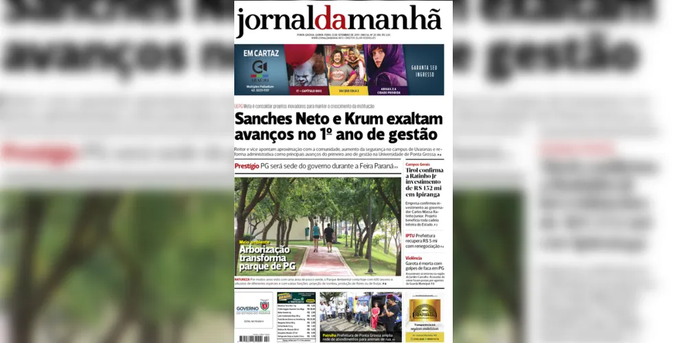 Imagem ilustrativa da imagem Capa da edição desta quinta-feira (12/09/2019) do JM