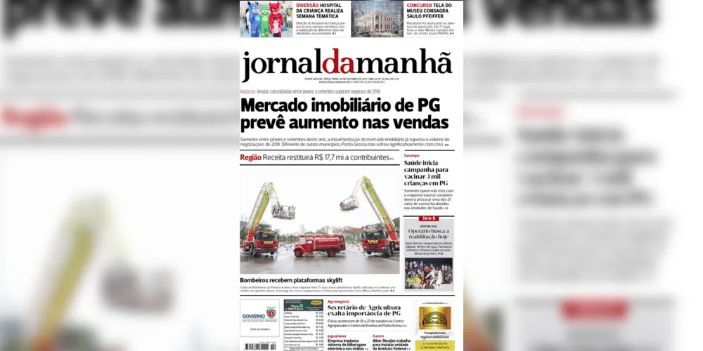 Imagem ilustrativa da imagem Capa da edição desta terça-feira (08/10/2019) do JM