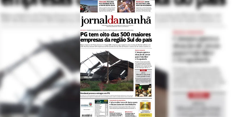 Imagem ilustrativa da imagem Capa da edição desta quinta-feira (31/10/2019) do JM