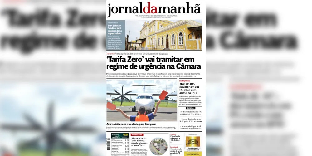 Imagem ilustrativa da imagem Capa da edição desta quinta-feira (12/12/2019) do JM