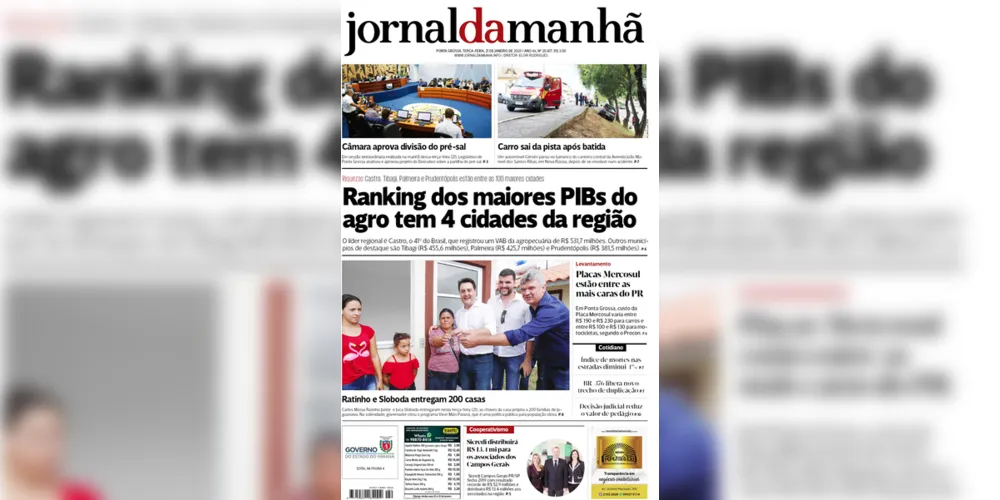 Imagem ilustrativa da imagem Capa da edição desta quarta-feira (22/01/2020) do JM