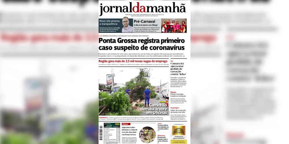 Imagem ilustrativa da imagem Capa da edição desta terça-feira (11/02/2020) do JM