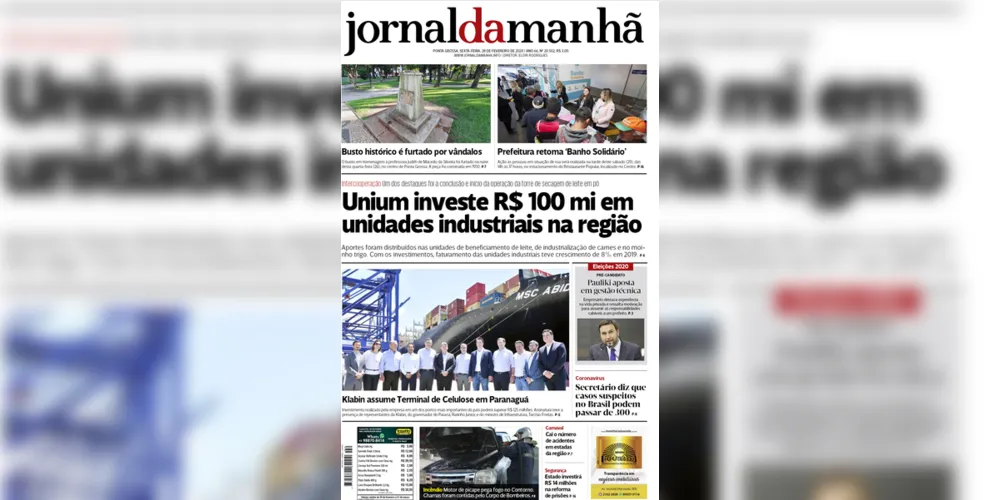 Imagem ilustrativa da imagem Capa da edição desta sexta-feira (28/02/2020) do JM