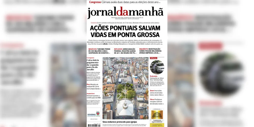 Imagem ilustrativa da imagem Capa da edição desta sexta-feira (22/05/2020) do JM