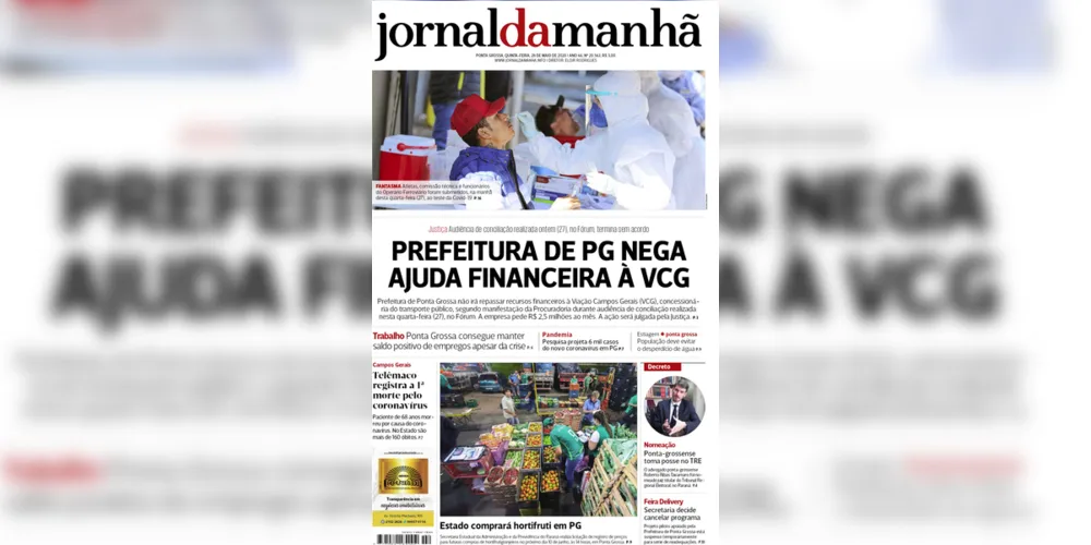 Imagem ilustrativa da imagem Capa da edição desta quinta-feira (28/05/2020) do JM