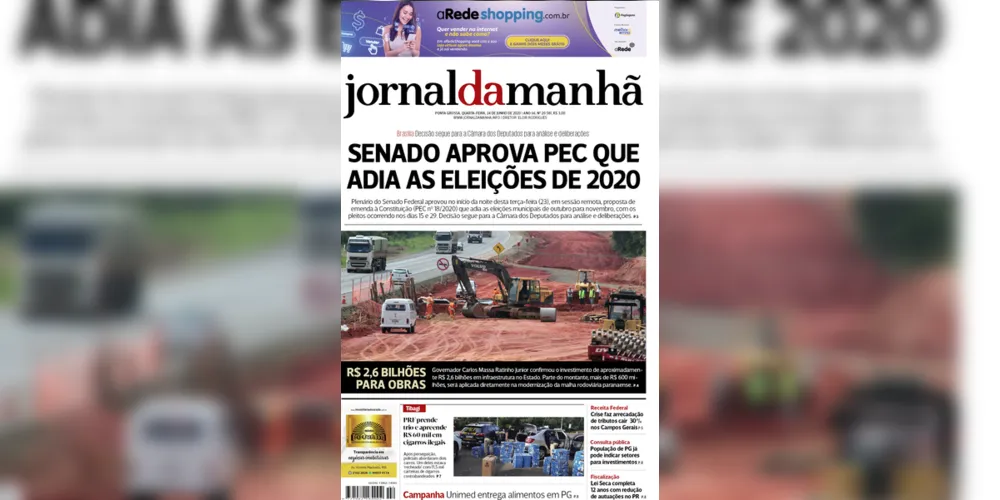 Imagem ilustrativa da imagem Capa da edição desta quarta-feira (24/06/2020) do JM