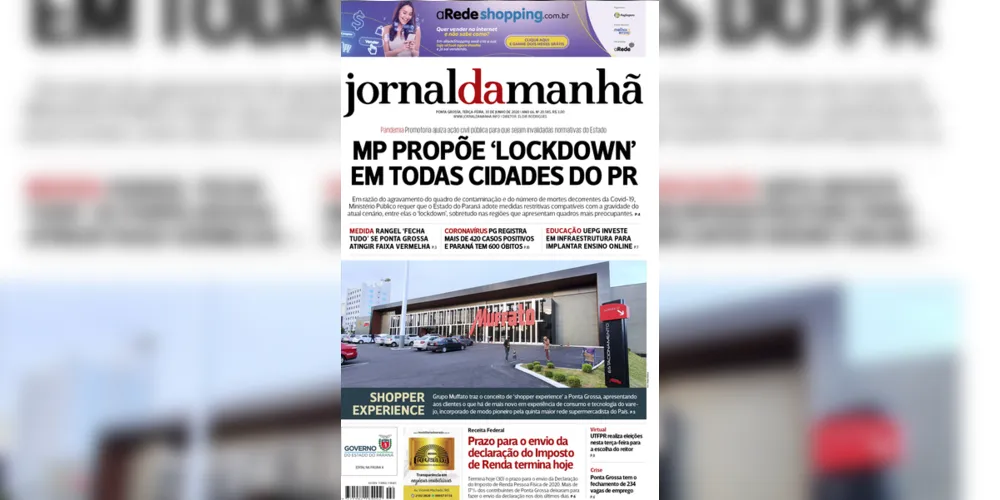 Imagem ilustrativa da imagem Capa da edição desta terça-feira (30/06/2020) do JM
