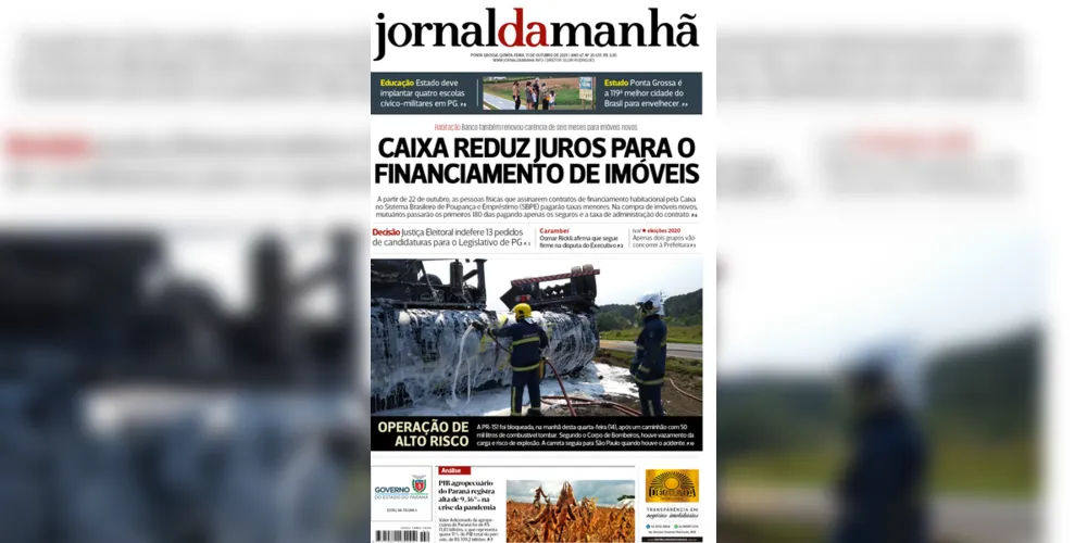 Imagem ilustrativa da imagem Capa da edição desta quinta-feira (15/10/2020) do JM