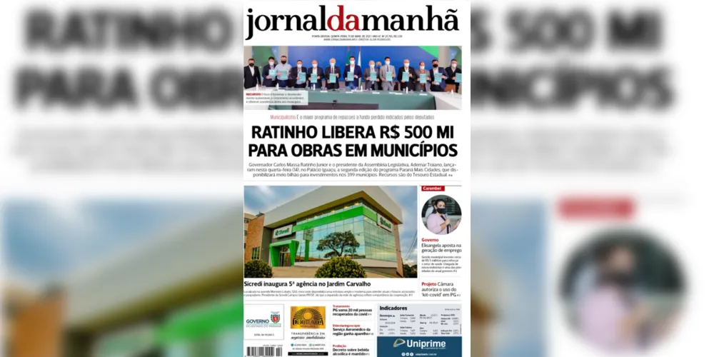 Imagem ilustrativa da imagem Capa da edição desta quinta-feira (15/04/2021) do JM