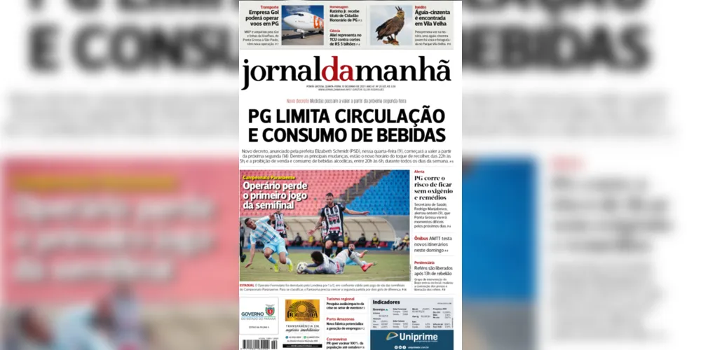 Imagem ilustrativa da imagem Capa da edição desta quinta-feira (10/06/2021) do JM