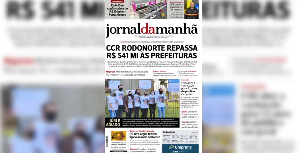 Imagem ilustrativa da imagem Capa da edição desta quarta-feira (16/06/2021) do JM