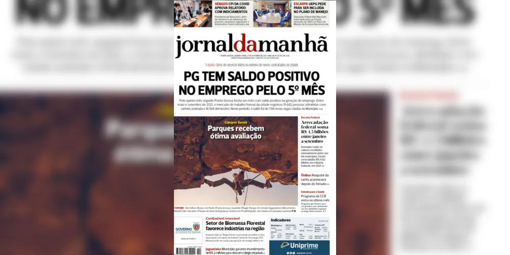 Imagem ilustrativa da imagem Capa da edição desta quarta-feira (27/10/2021) do JM