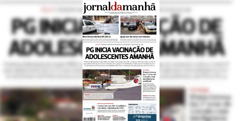 Imagem ilustrativa da imagem Capa da edição desta quarta-feira (29/09/2021) do JM
