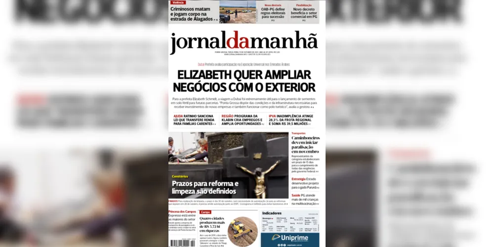 Imagem ilustrativa da imagem Capa da edição desta terça-feira (19/10/2021) do JM