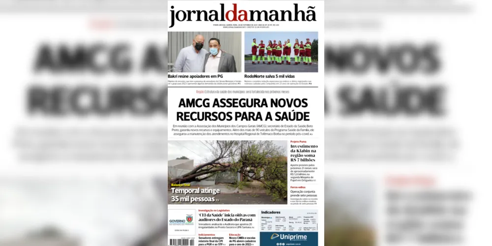 Imagem ilustrativa da imagem Capa da edição desta quinta-feira (28/10/2021) do JM