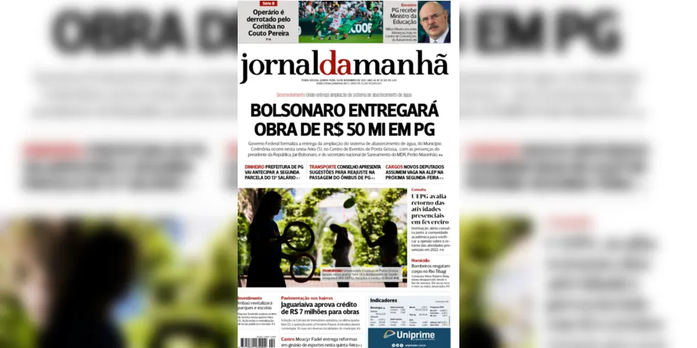 Imagem ilustrativa da imagem Capa da edição desta quinta-feira (04/11/2021) do JM