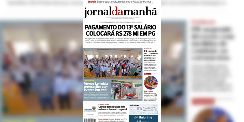 Imagem ilustrativa da imagem Capa da edição desta quarta-feira (17/11/2021) do JM