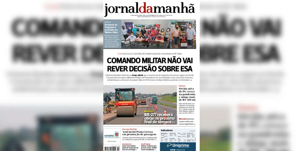 Imagem ilustrativa da imagem Capa da edição desta quinta-feira (18/11/2021) do JM