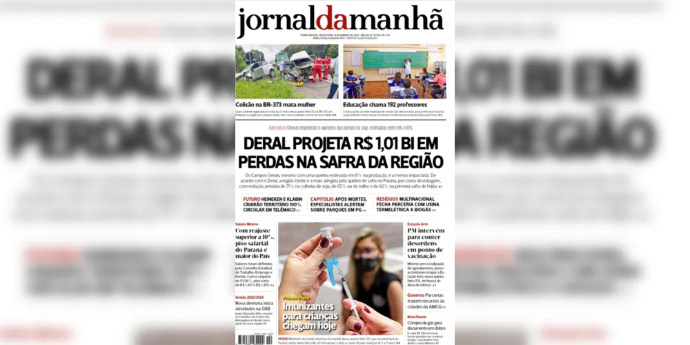 Imagem ilustrativa da imagem Capa da edição desta sexta-feira (14/01/2022) do JM