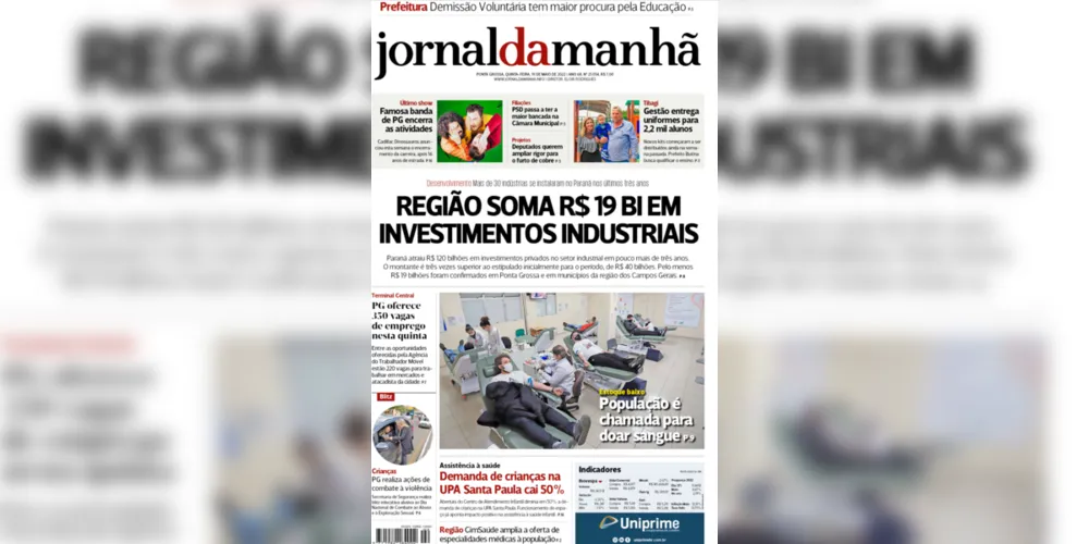 Imagem ilustrativa da imagem Capa da edição desta quinta-feira (19/05/2022) do JM