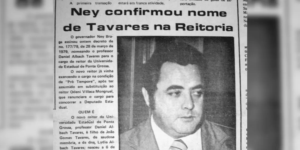 Notícia sobre a nomeação do professor Daniel Albach Tavares ao cargo de reitor da UEPG – JM, 29 de março de 1979