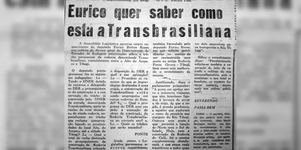 Matéria sobre a Rodovia Transbrasiliana publicada no JM em 05 de junho de 1968