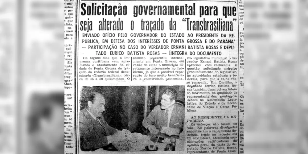 Em 25 de novembro de 1956 o JM publicou matéria a respeito da atuação do deputado Eurico Batista Rosas na tentativa de alterar o traçado da estrada Transbrasiliana