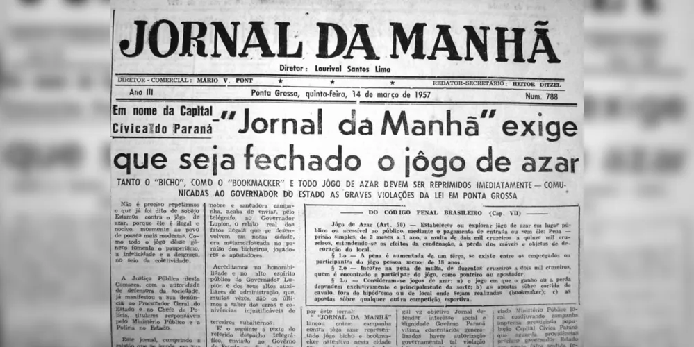 O destaque de primeira página do JM em 14 de março de 1957 foi o combate aos jogos de azar na cidade