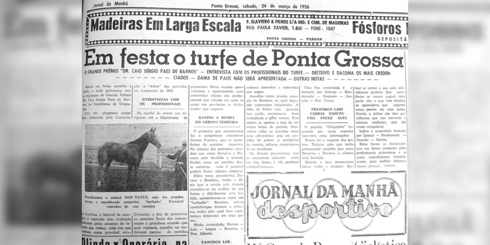 Página de esportes do JM (24 de março de 1956) na qual o turfe princesino foi o principal destaque