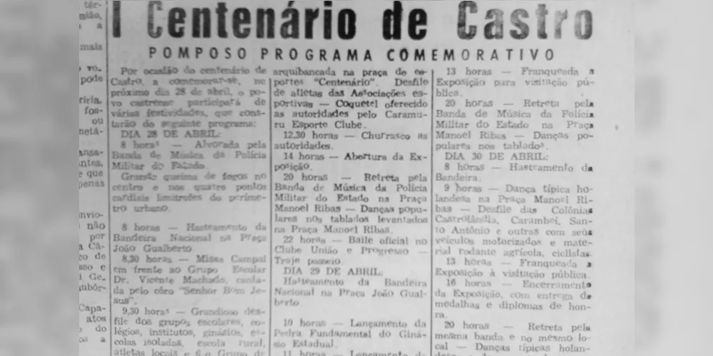 Em 26 de abril de 1957 o JM publicou matéria tratando dos festejos sobre o Centenário de Castro
