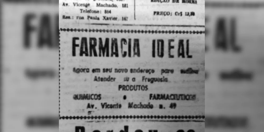 O JM de 10 de julho de 1962 publicou anúncio da Farmácia Ideal, estabelecimento localizado na Avenida Vicente Machado