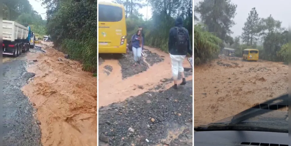 As imagens mostram que a via foi tomada por barro, o que dificulta a agem de veículos