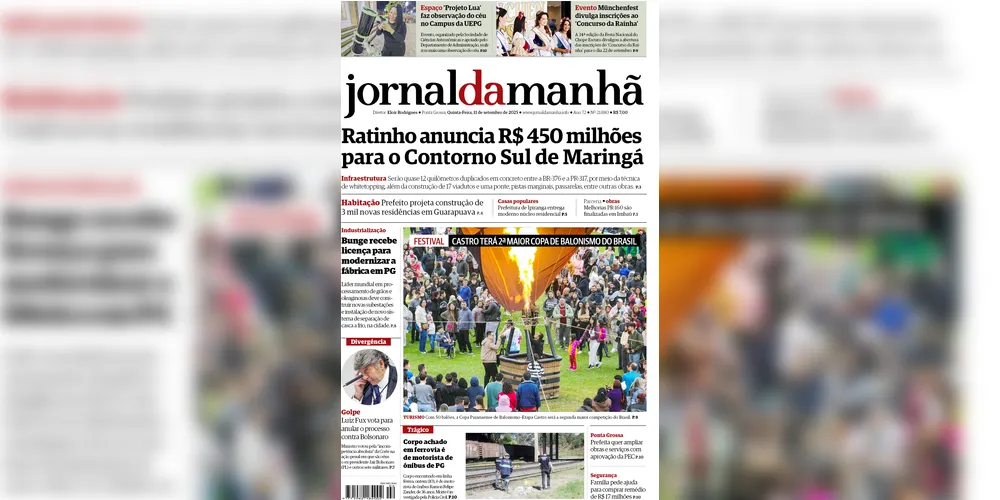 Imagem ilustrativa da imagem Capa da edição desta quinta-feira (11/09/2025), do JM